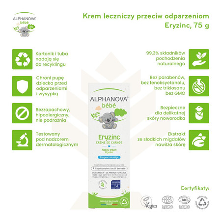 Alphanova Bebe, Naturalny krem do pupy przeciw odparzeniom, Eryzinc, 75 g