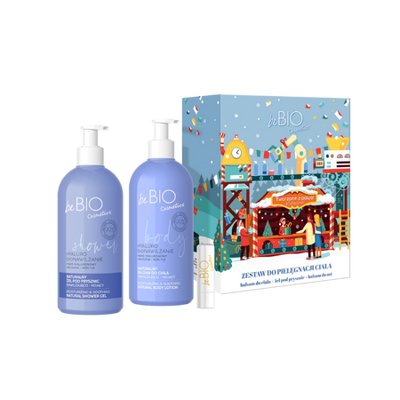 BeBio Zestaw do pielęgnacji ciała Hyaluro Żel pod prysznic bioNawilżenie 350ml + balsam bionawilżenie 350ml + balsam do ust shea 5g