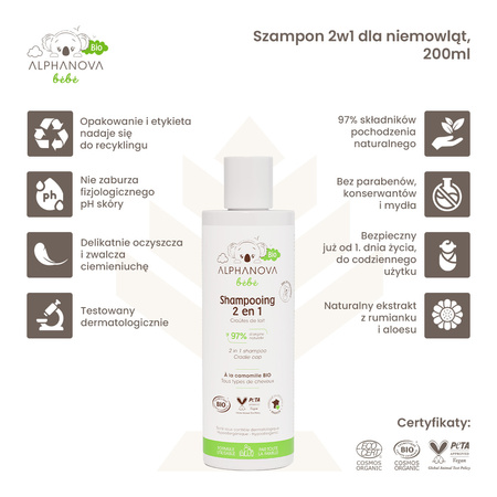 Alphanova Bebe Bio, Szampon 2 w 1 dla niemowląt, 200ml