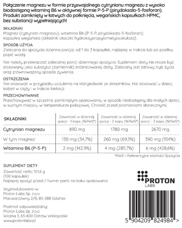 Proton Labs Magnez (cytrynian magnezu) + B6 (P-5-P) p5p Suplement Diety 100 kaps.