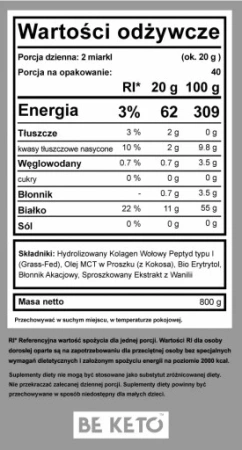 BeKeto Kolagen z olejem MCT 800 g smak Francuska Wanilia