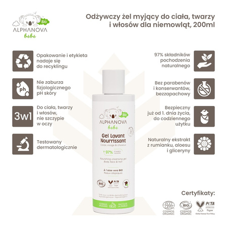 Alphanova Bebe Bio, Odżywczy żel myjący do ciała, twarzy i włosów dla niemowląt, 200ml