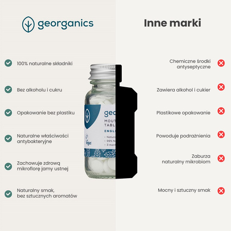 Georganics, Naturalne tabletki do płukania jamy ustnej, do codziennej pielęgnacji, smak mięty pieprzowej, 180 tabletek