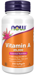 Now Foods Witamina A 25,000 IU wspiera zdrowie skóry 250 kaps.
