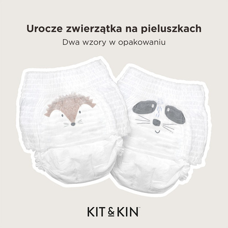 Kit & Kin, Pieluchomajtki Nappy Pants 6 XL (12-17 kg), Jeżyk/Szop, 18 szt.