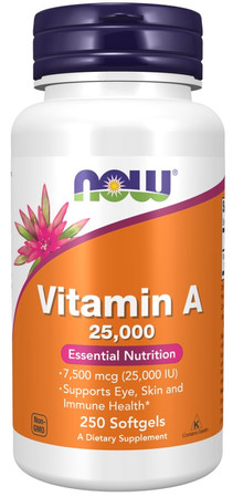 Now Foods Witamina A 25,000 IU wspiera zdrowie skóry 250 kaps.