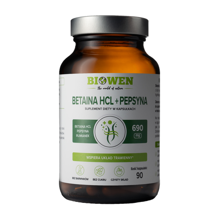 Biowen Betaina HCL + Pepsyna + Rumianek pospolity na wsparcie trawienia 90 kaps.