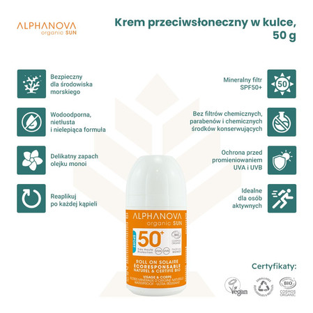 Alphanova Organic Sun, ROLL ON, Mineralny krem przeciwsłoneczny w kulce z filtrem SPF50+, EXTREME SPORT, 50 g