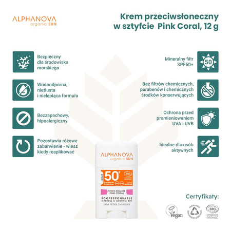 Alphanova Sun Bio, Krem z filtrem w sztyfcie, SPF50+, Pink Coral, 12 g