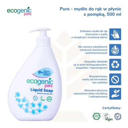 Ecogenic Pure, Mydło do rąk w płynie z pompką, bezzapachowe, 500 ml