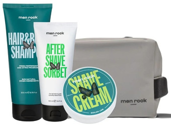 Men Rock Zestaw podróżny dla mężczyzn Cosmetic Bag Routine Goals Daily Grooming Kit (krem-sorbet po goleniu 100ml + szampon i żel pod prysznic 200ml + krem do golenia 100ml + kosmetyczka podróżna)