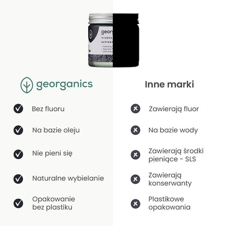 Georganics, Mineralna pasta do zębów w słoiku, bez fluoru, do codziennej pielęgnacji, z aktywnym węglem, 60 ml