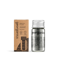 Georganics, Naturalna nić dentystyczna w szklanym opakowaniu Zero Waste, do codziennej pielęgnacji, z aktywnym węglem i fluorem, 50 m