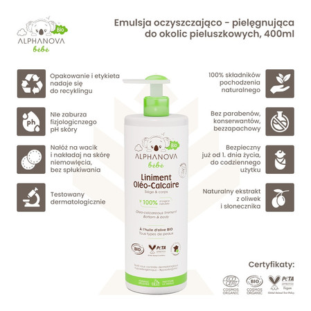 Alphanova Bebe Bio, Emulsja oczyszczająca z kompleksem pielęgnacyjnym do okolic pieluszkowych, 400ml