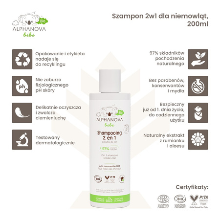 Alphanova Bebe Bio, Delikatny Szampon 2 w 1 dla niemowląt, 200ml