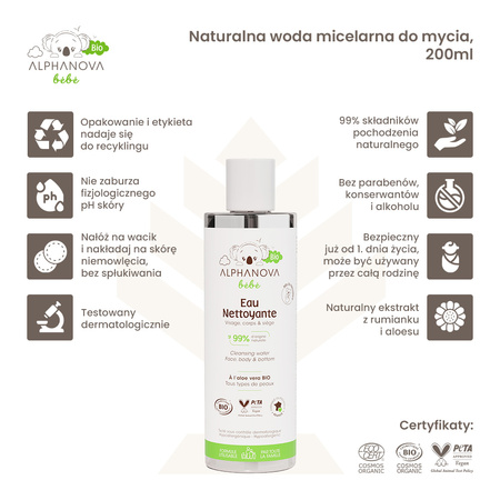 Alphanova Bebe Bio, Naturalna Woda Micelarna do mycia, 200ml