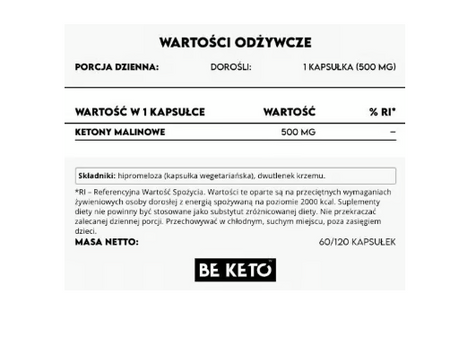 BeKeto Ketony malinowe wsparcie metabolizmu i redukcji wege 120 kaps.