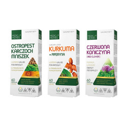 Zestaw: 1x Medica Herbs Ostropest Karczoch Mniszek 60 kaps, 1x Medica Herbs Czerwona Koniczyna Red Clover 60 kaps i 1x Medica Herbs Kurkuma + Piperyna 60 kaps.