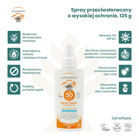 Alphanova Sun Bio, Bebe Przeciwsłoneczny Spray o wysokim filtrze SPF 50 SUN, 125ml