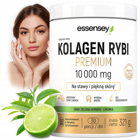 Essensey Kolagen Rybi 10000 mg na stawy, włosy z kwasem hialuronowym 321g smak zielona herbata