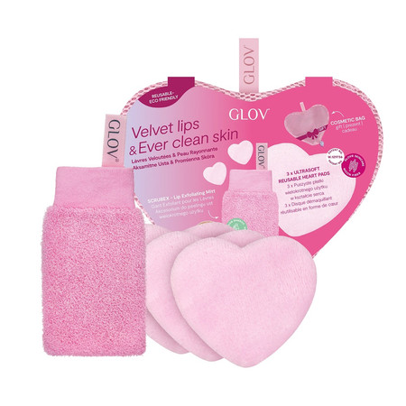 Velvet Lips & Ever Clear Skin zestaw rękawica do peelingu ust + wielorazowe płatki kosmetyczne w kształcie serca