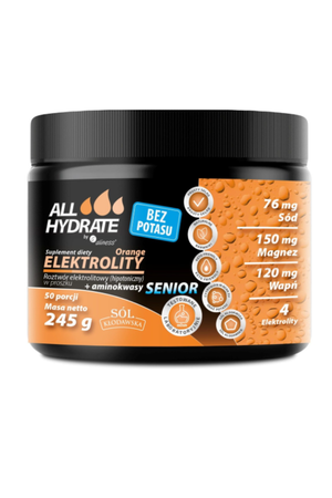 ALLHydrate, Elektrolity Senior BEZ POTASU Orange 245g, 50 porcji