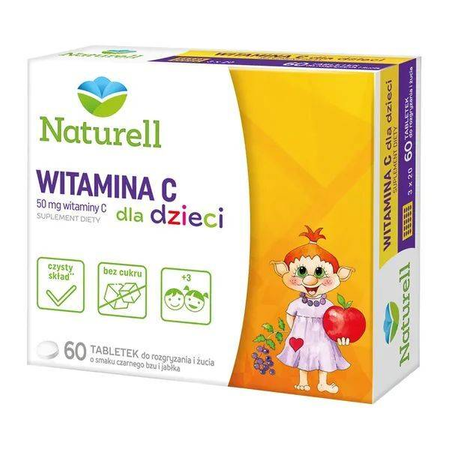 Naturell witamina C dla dzieci o smaku czarnego bzu i jabłka 60 tabletek do rozgryzania i żucia