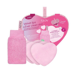 Velvet Lips &amp; Ever Clear Skin zestaw rękawica do peelingu ust + wielorazowe płatki kosmetyczne w kształcie serca