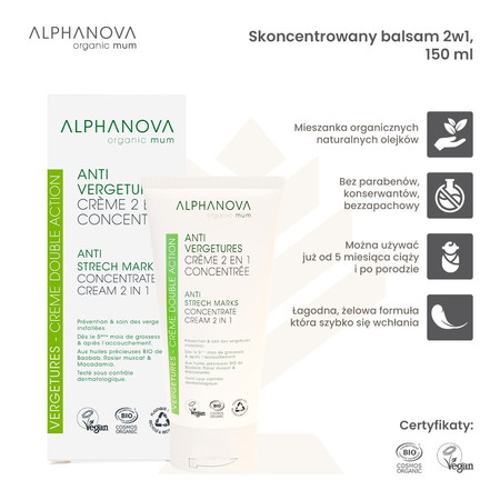 Alphanova Organic Mum, krem wspierający elastyczność i nawilżenia, 150ml