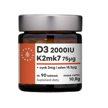 Aura Herbals − Witamina D3 (2000IU) + K2mk7 + cynk + selen − 90 tabl.