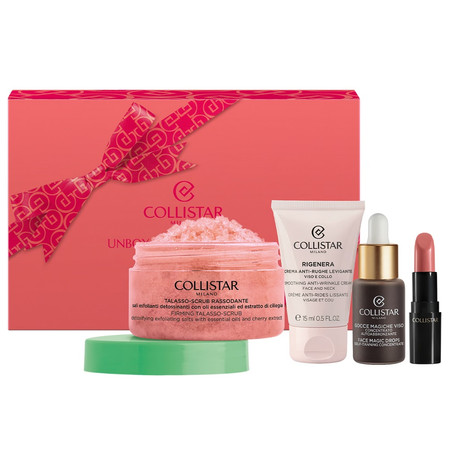 Unbox Your Uniqueness zestaw pomadka do ust 102 1.2ml + krople samoopalające do twarzy 10ml + przeciwzmarszczkowy krem wygładzający 15ml + ujędrniający peeling do ciała 70g