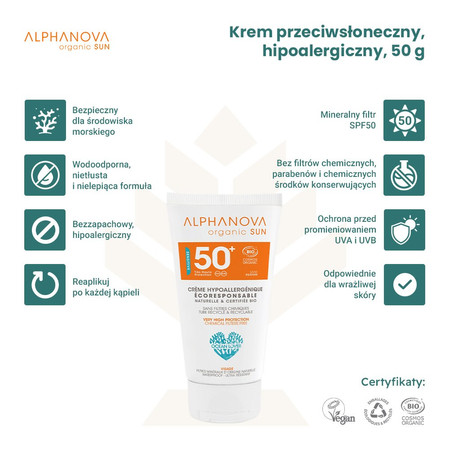 Alphanova Sun Bio, Krem przeciwsłoneczny, hipoalergiczny, wodoodporny, filtr SPF50, 50g