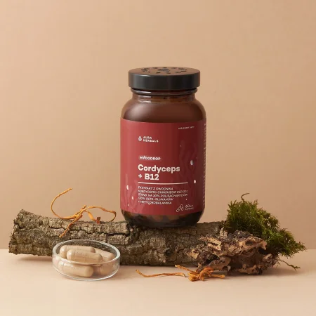 Aura Herbals Mycodrop Cordyceps 30:1 + B12, 30% beta-glukan 60 kaps.
