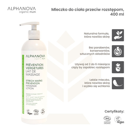 Alphanova Organic Mum, Mleczko do ciała wspierające elastyczność i nawilżenie, 400 ml