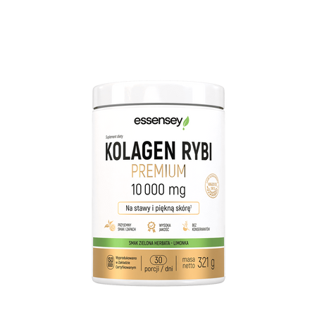 Essensey Kollagen Rybi 10000 mg na stawy, włosy z kwasem hialuronowym 321g smak zielona herbata