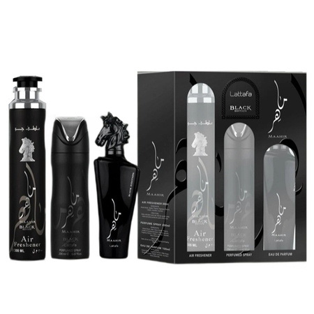 Maahir Black Edition zestaw woda perfumowana spray 100ml + dezodorant spray 200ml + odświeżacz powietrza 300ml