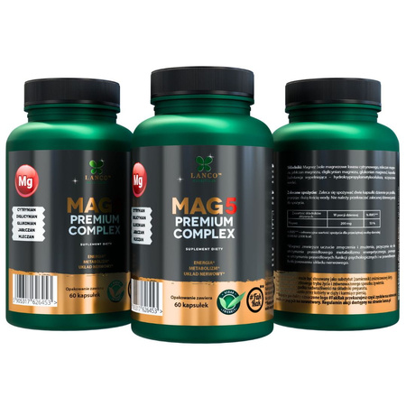 Lanco Nutritions MAG5 PREMIUM COMPLEX - 5 najlepszych form magnezu - Cytrynian, Diglicynian, Glukonian, Jabłczan, Mleczan - 60 kaps