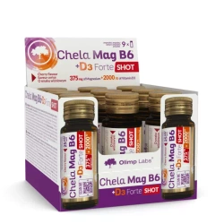Zestaw: 9x Olimp Labs Chela-Mag B6+D3 Forte shot amp. szklana 25 ml wiśnia
