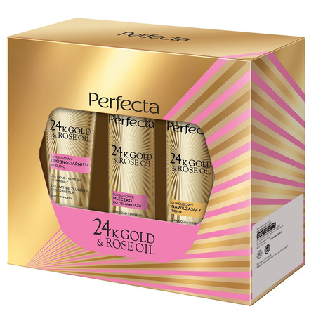 24K Gold & Rose Oil zestaw peeling drobnoziarnisty 75g + tonik nawilżający 200ml + mleczko do demakijażu 200ml