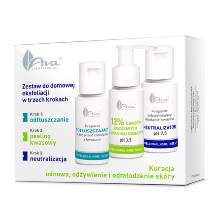 AVA PHT Zestaw do domowej eksfoliacji Preparat odtłuszczający, 50ml+ 12% Kwasów owocowych, 50ml + Neutralizator, 50ml