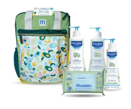 Mustela Plecak wyprawkowy (Delikatny żel do mycia 500ml, Woda oczyszczająca 500ml, Hydra Bebe mleczko do ciała 300ml, Chusteczki kompostowalne 60szt)