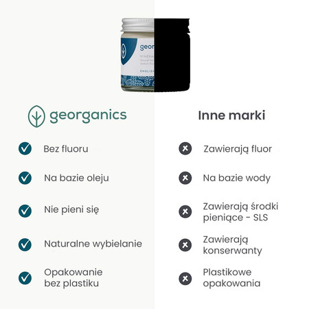 Georganics, Mineralna pasta do zębów w słoiku, bez fluoru, do codziennej pielęgnacji, smak mięty pieprzowej, 60 ml