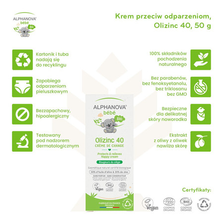 Alphanova Bebe Bio, Krem pod pieluszkę, Olizinc 40, 50 g