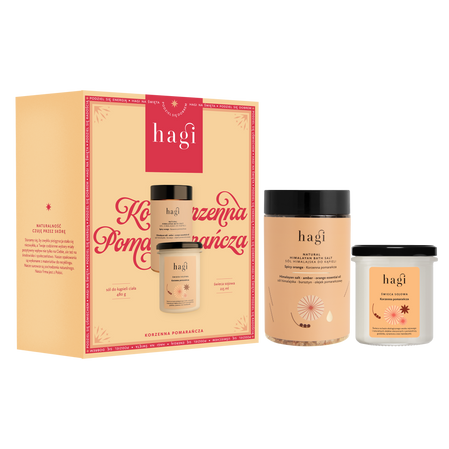 Hagi Zestaw prezentowy Korzenna Pomarańcza Świeca sojowa 215ml+Sól do kąpieli 480g