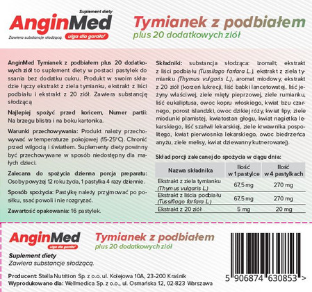 AnginMed Tymianek z Podbiałem na gardło 16 pastylek