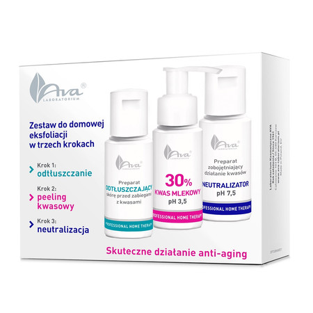 AVA PHT Zestaw do domowej eksfoliacji: preparat odtłuszczający 50ml + kwas mlekowy 30% 50ml + preparat zobojętniający działanie kwasów neutralizator 50ml