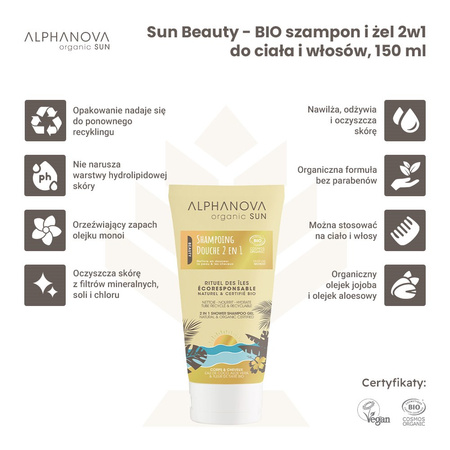 Alphanova Sun Beauty, Bio Szampon i żel 2w1 do ciała i włosów, 150 ml