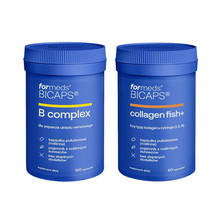 Zestaw mix Formeds Bicaps: 1x B complex na wsparcie układu nerwowego 120 kaps. i 1x Collagen Fish+ mix kolegenów 60 kaps.