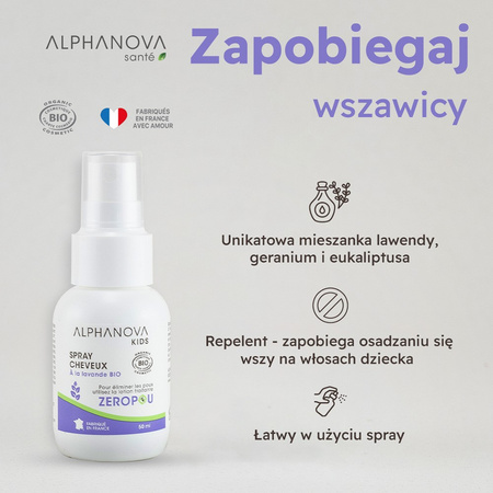Alphanova Kids Bio, ZEROPOU, Spray do włosów z lawendą, 50 ml
