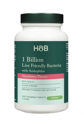 Holland & Barrett 1 Billion Live Friendly Bacteria with Acidophilus probiotyk na wsparcie jelit 120 tabl. do żucia smak truskawka